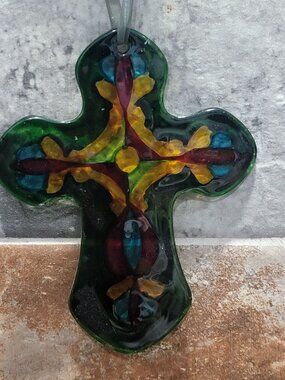 Handcrafted Fused Colored Glass Cross Ornament